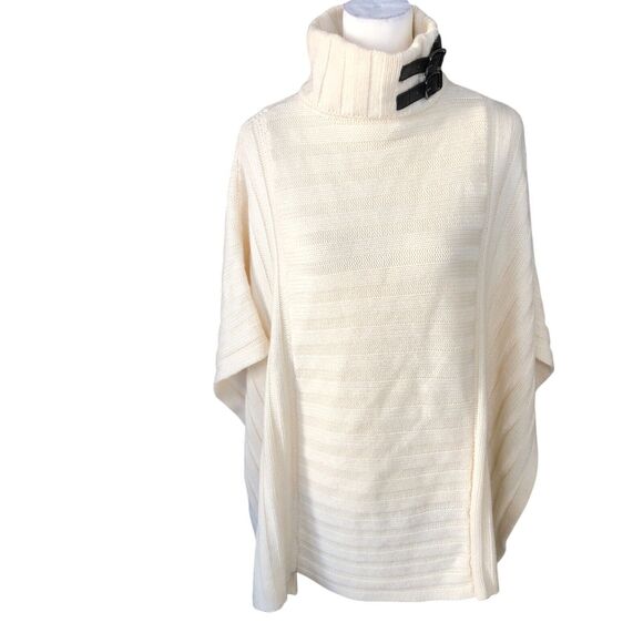Chico's Sweaters - Chico’s Black Label Wool Cream Cashmere Blend Turtleneck Poncho Cape Buckle‎ S/M